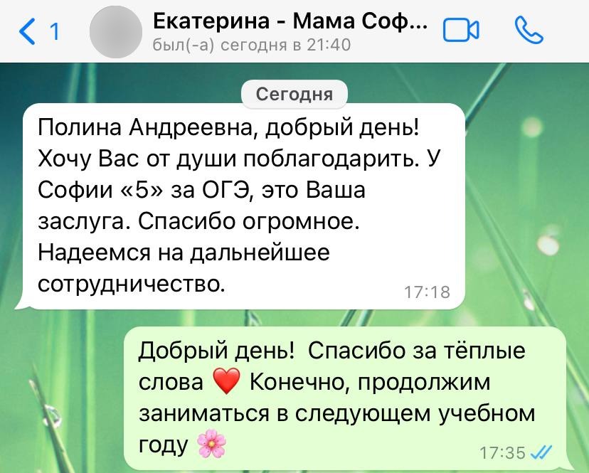 Переписка с мамой ученицы — результат ОГЭ, оценка «5»